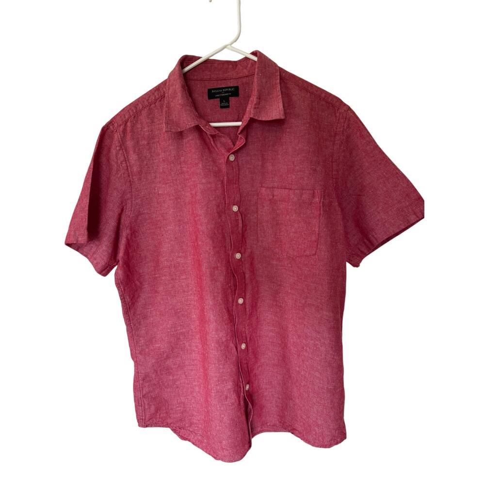 Banana Republic Linen Shirt Red Short Sleeve Camden Fit Men's L